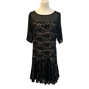 Vintage Black Lace Drop Waist Flounce Dress Mesh Sleeves Gatsbycore Size 16